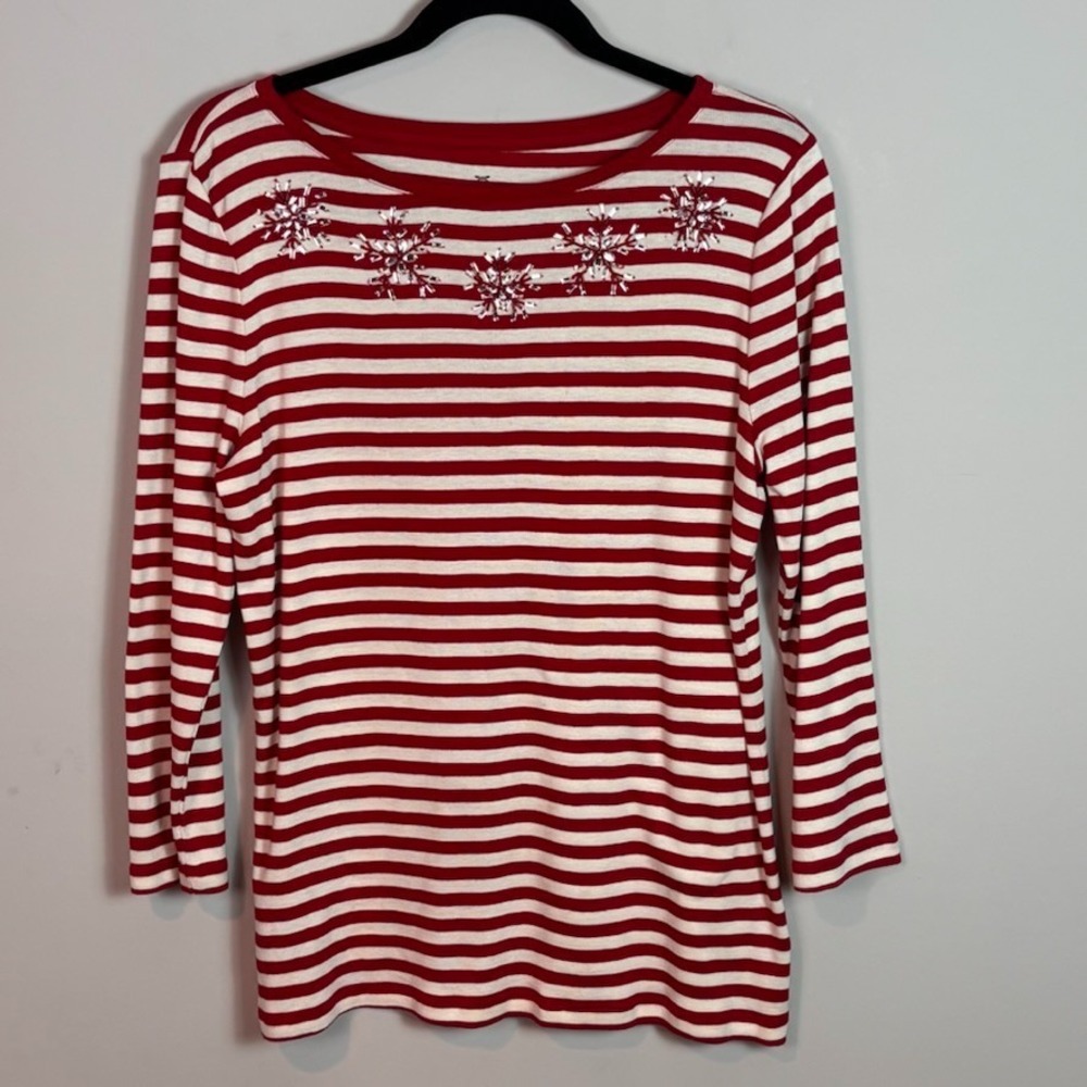 Talbots Womens Red Cream Striped Holiday Snowflake Sequin Embellished Collar Lg